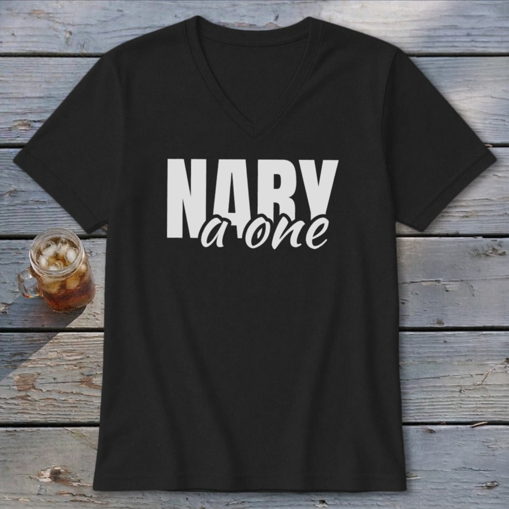 Black v-neck t-shirt with white text "NARY a one" and a glass of iced tea.