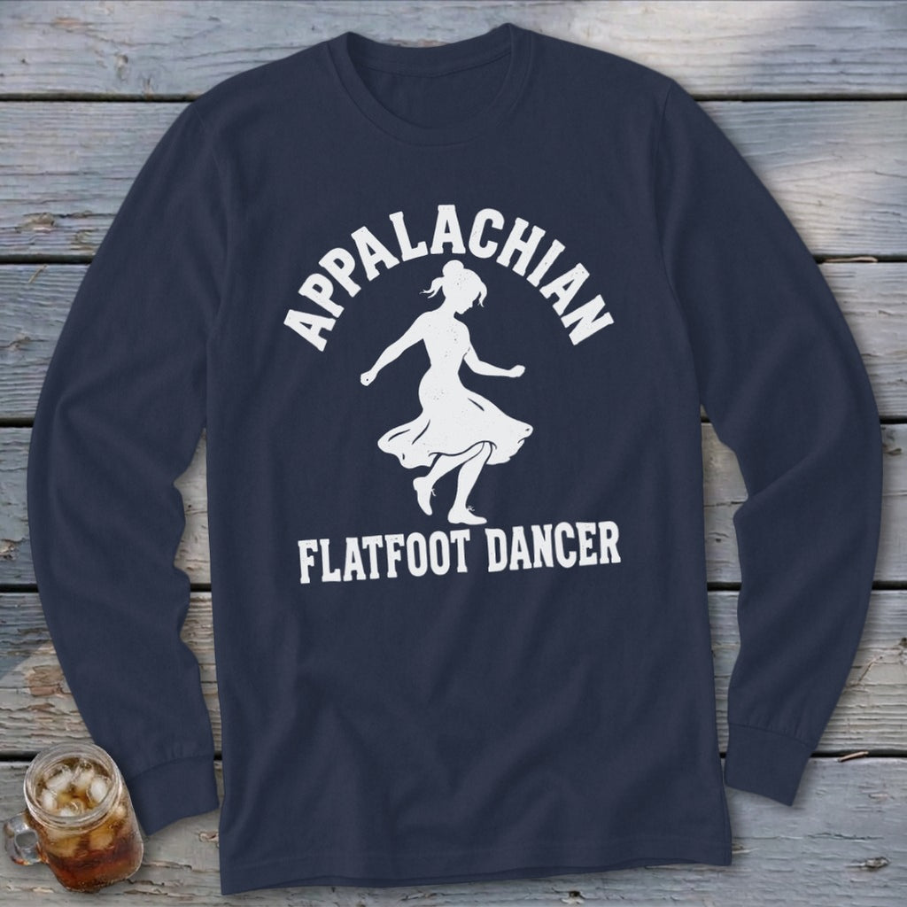 Dark blue long-sleeve t-shirt with a white graphic of a dancer and the text Appalachian Flatfoot Dancer.