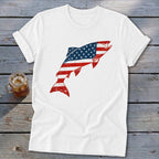 A white crewneck t-shirt with a distressed graphic of a jumping fish patterned with the American flag.