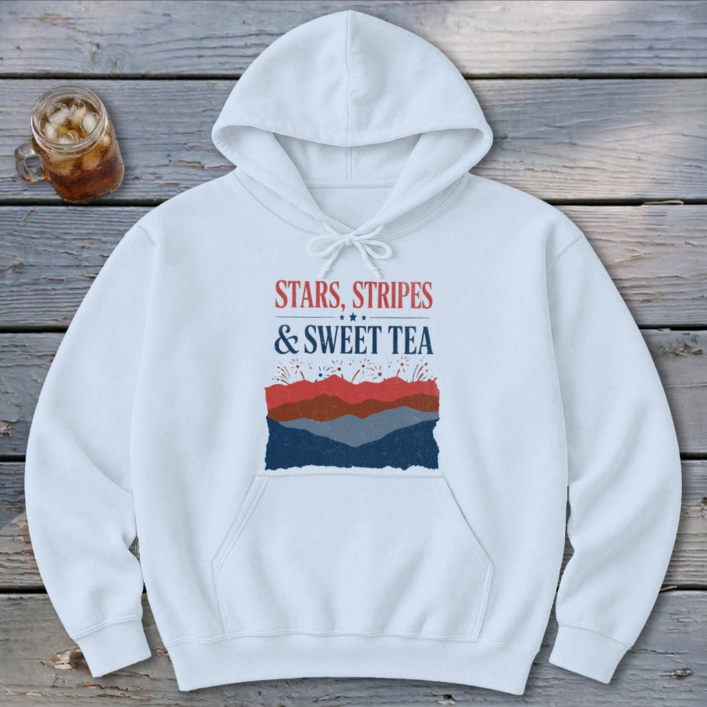 White pullover hoodie with a front graphic featuring the text STARS, STRIPES & SWEET TEA.