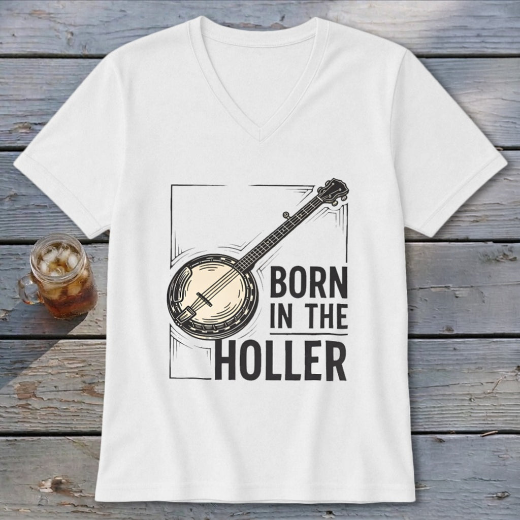 White v-neck t-shirt with banjo graphic and text "BORN IN THE HOLLER".
