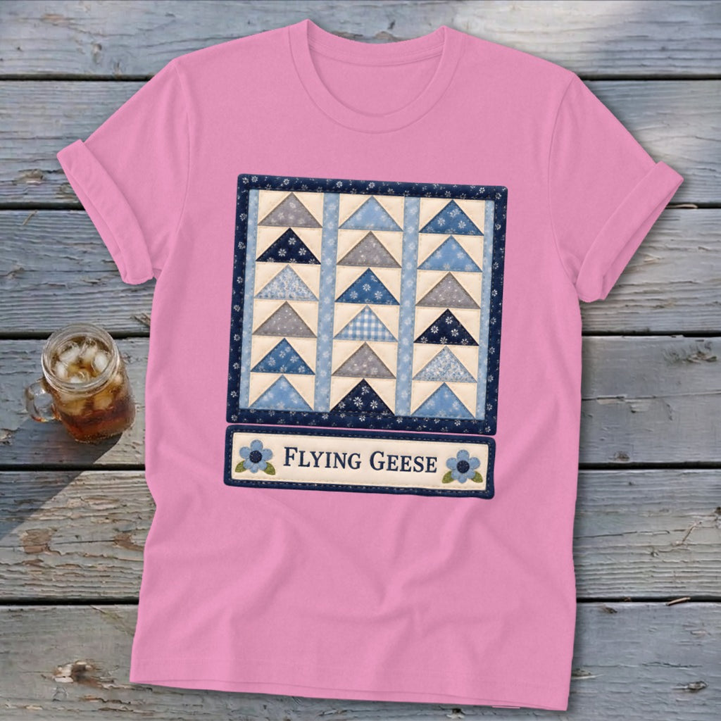 Pink t-shirt with "Flying Geese" quilt pattern and text on front.