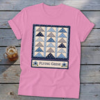 Pink t-shirt with "Flying Geese" quilt pattern and text on front.