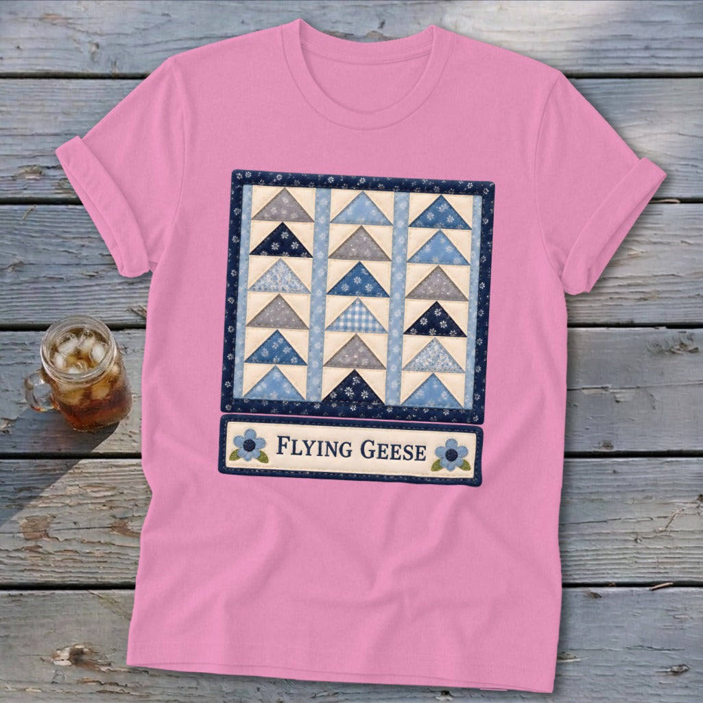 Pink t-shirt with "Flying Geese" quilt pattern and text on front.