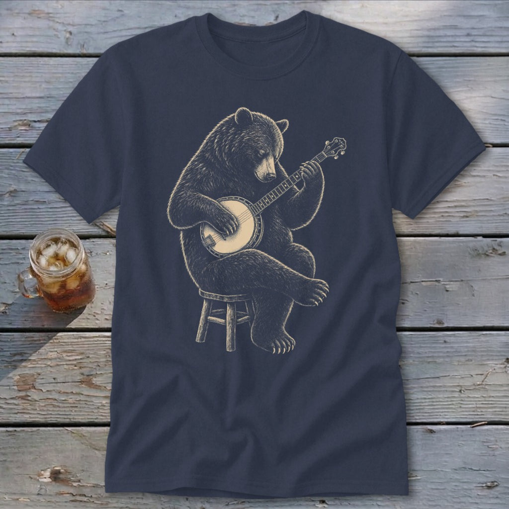 Bear playing a banjo while sitting on a stool.