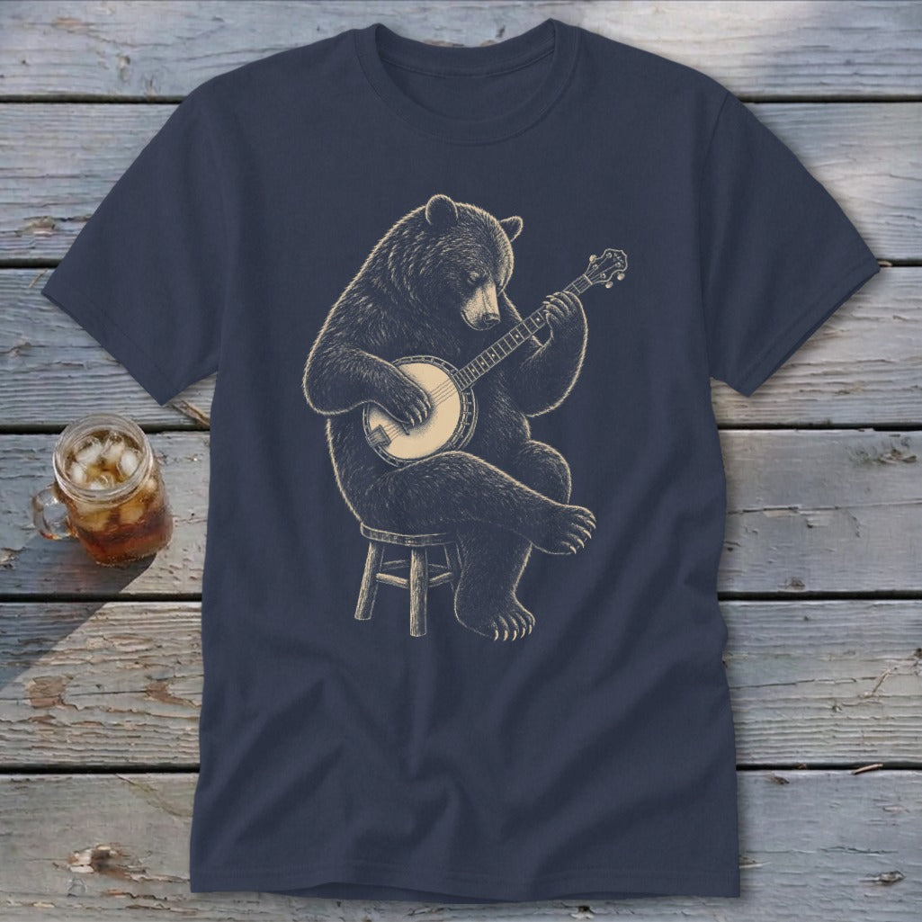 Bear playing a banjo while sitting on a stool.