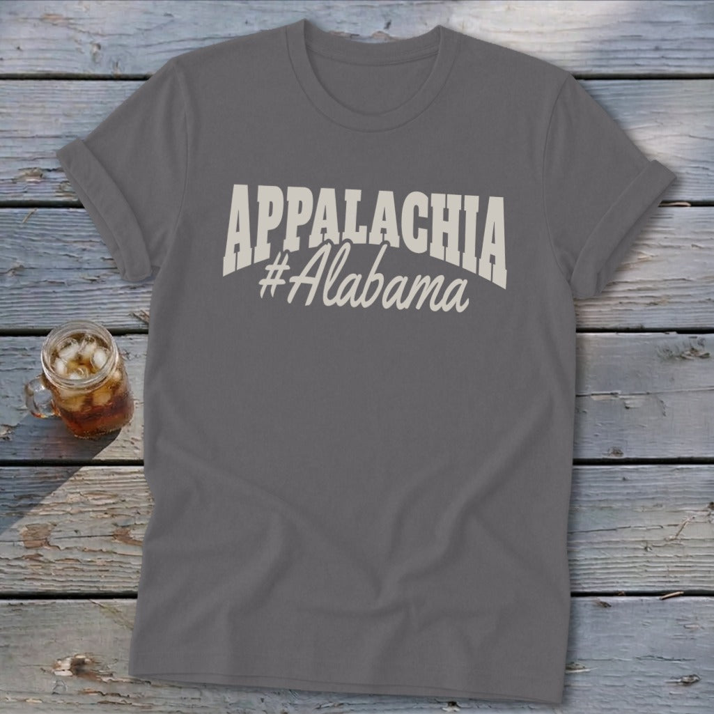 Gray t-shirt with "APPALACHIA #Alabama" text in cream-colored font.