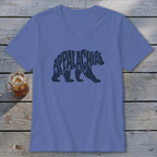 Blue v-neck t-shirt featuring a dark bear graphic with the word Appalachia written inside it.