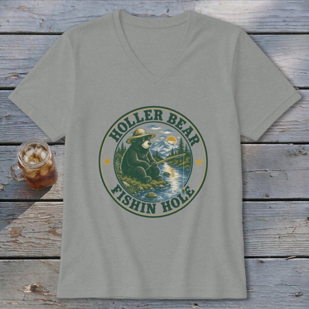 T-shirt with a graphic of a bear fishing by a river and mountains, text "HOLLER BEAR FISHIN HOLE".