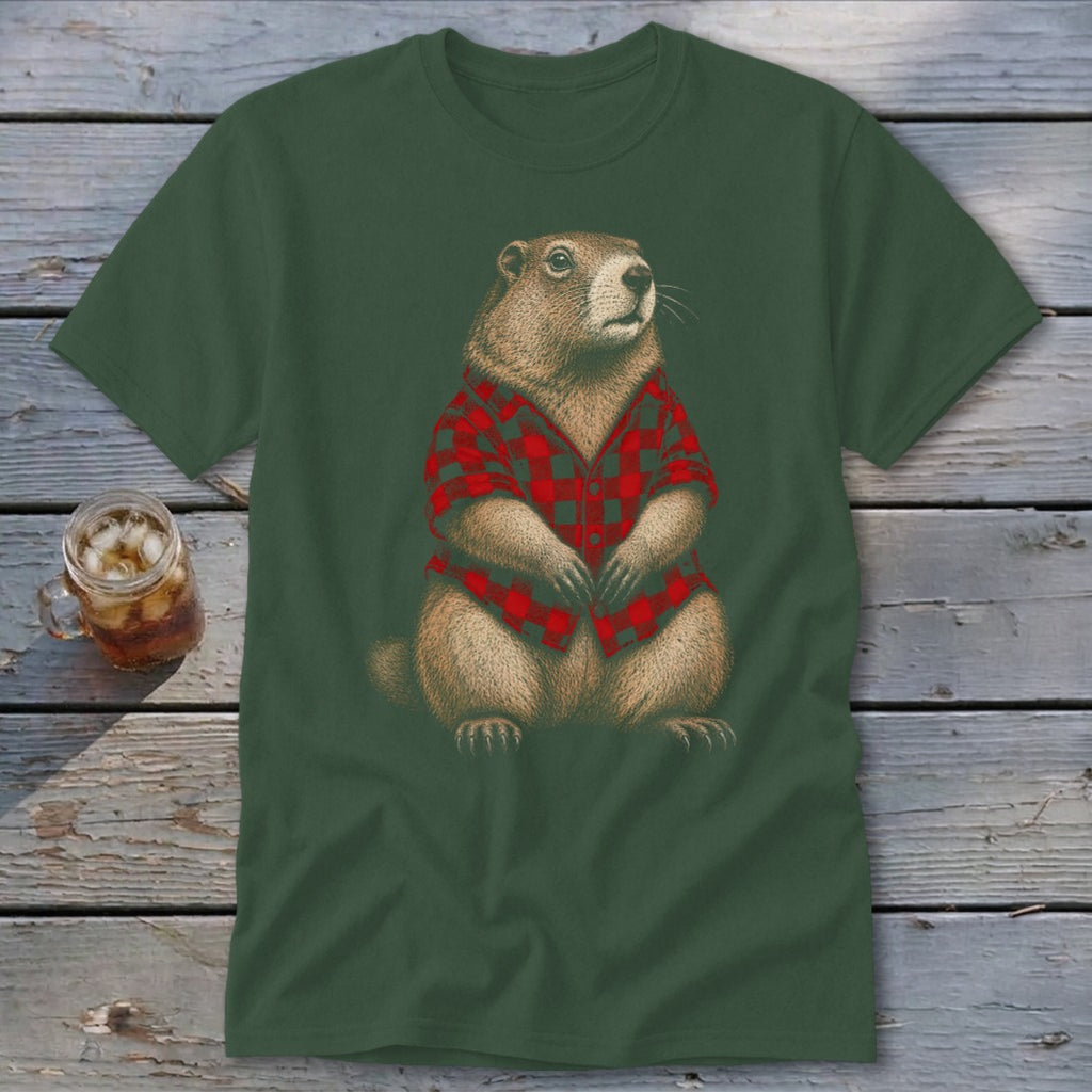 Groundhog wearing a red and black plaid shirt sits on a rustic wooden surface.
