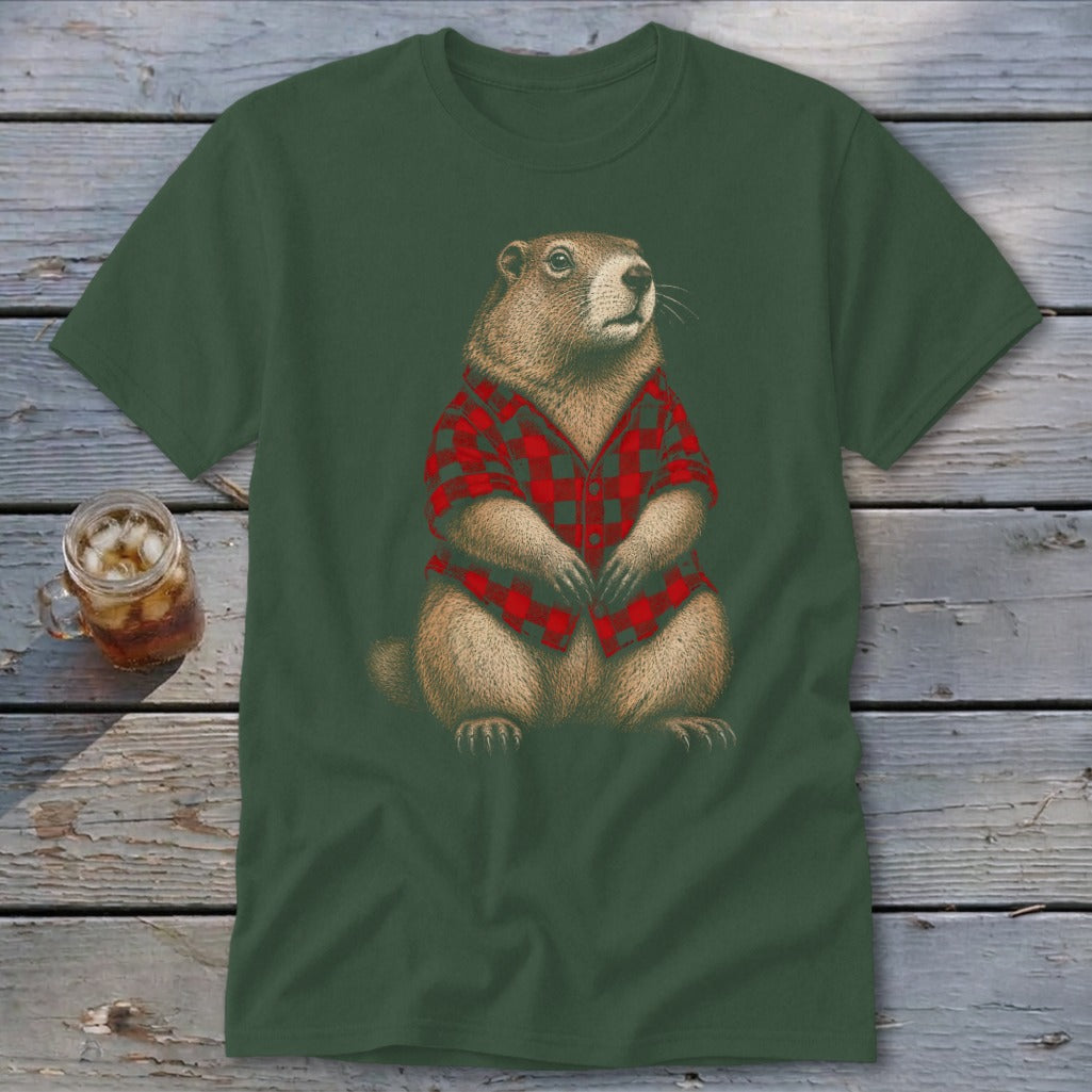 Groundhog wearing a red and black plaid shirt sits on a rustic wooden surface.