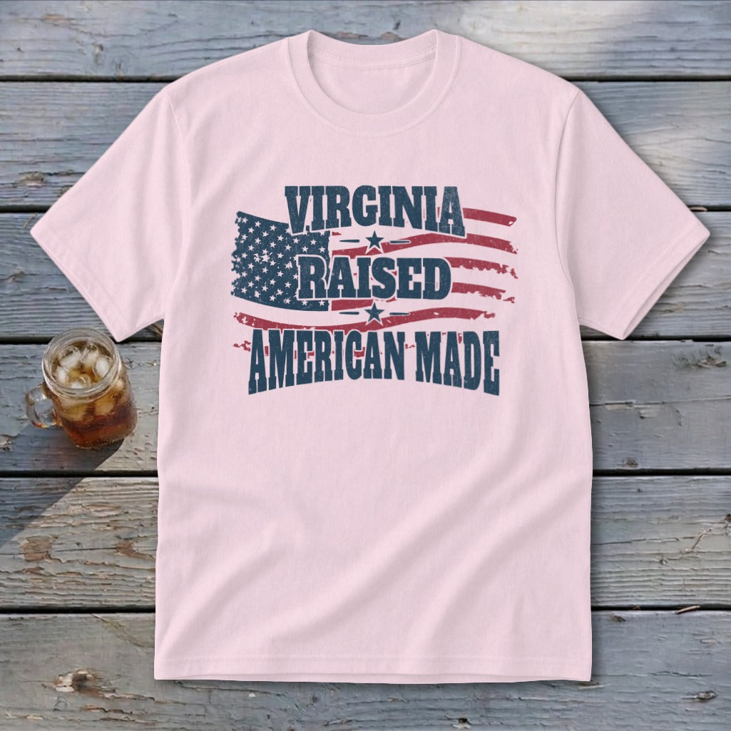 Pink t-shirt with American flag graphic and text: Virginia Raised American Made.