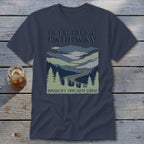 Dark blue t-shirt featuring a Blue Ridge Parkway graphic with mountains, winding road, and pine trees.
