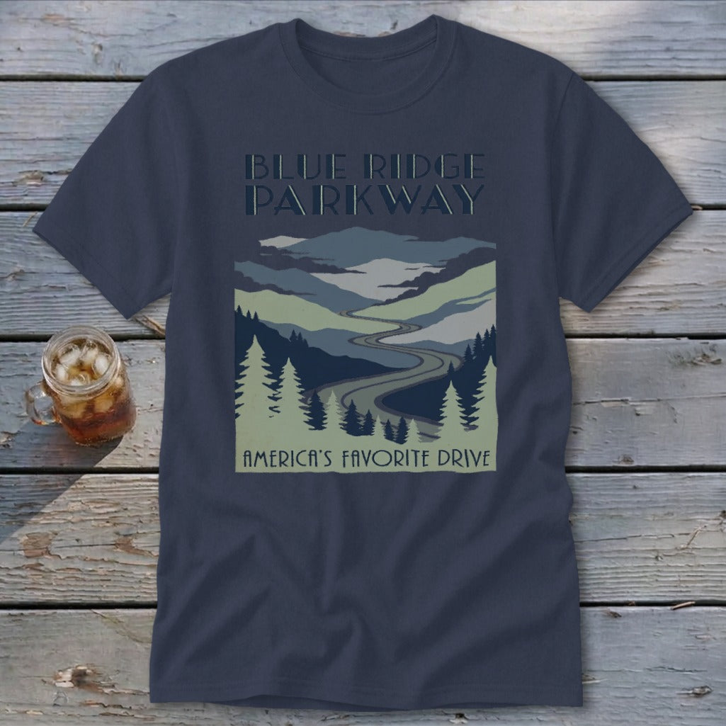 Dark blue t-shirt featuring a Blue Ridge Parkway graphic with mountains, winding road, and pine trees.