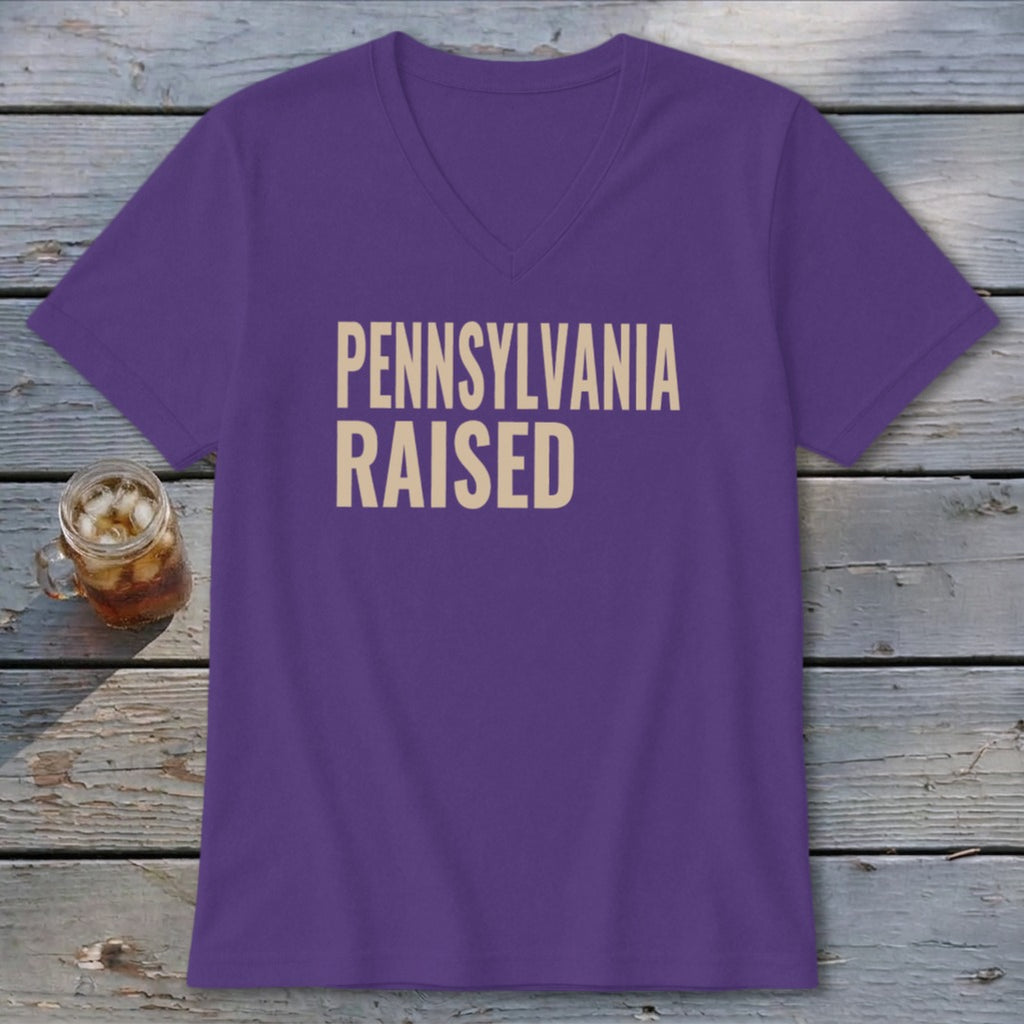Purple v-neck t-shirt with "PENNSYLVANIA RAISED" text.