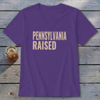 Purple v-neck t-shirt with "PENNSYLVANIA RAISED" text.