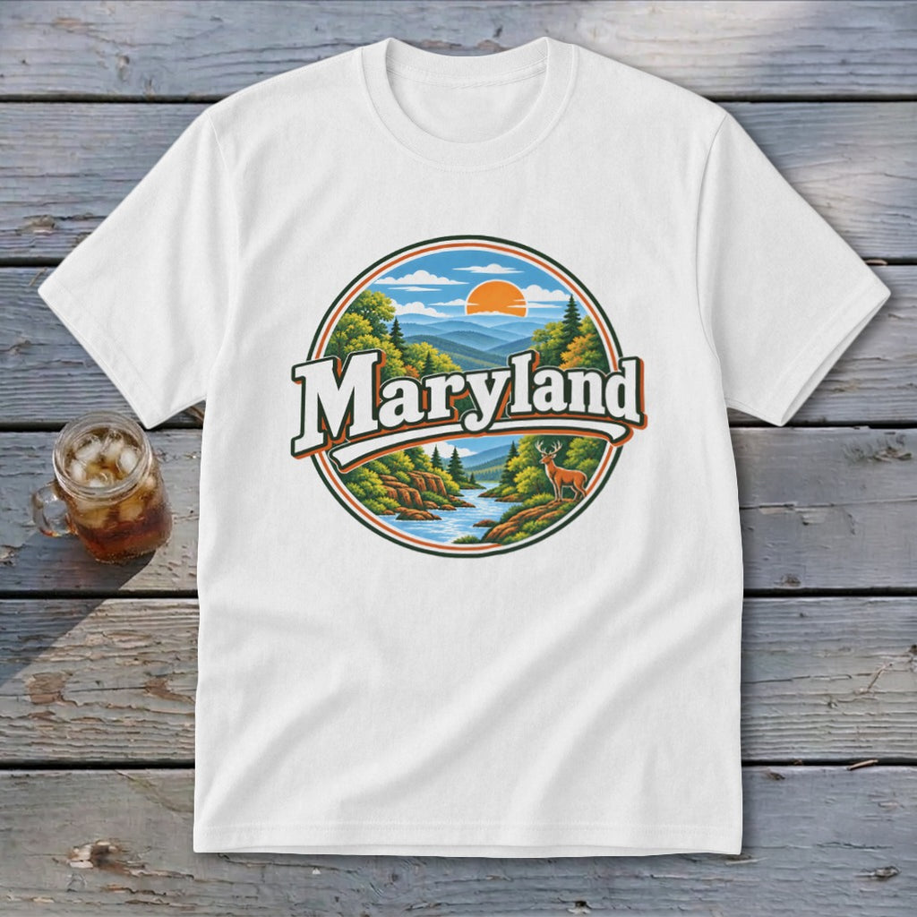 White t-shirt with "Maryland" text over a circular landscape of mountains, river, and a deer.