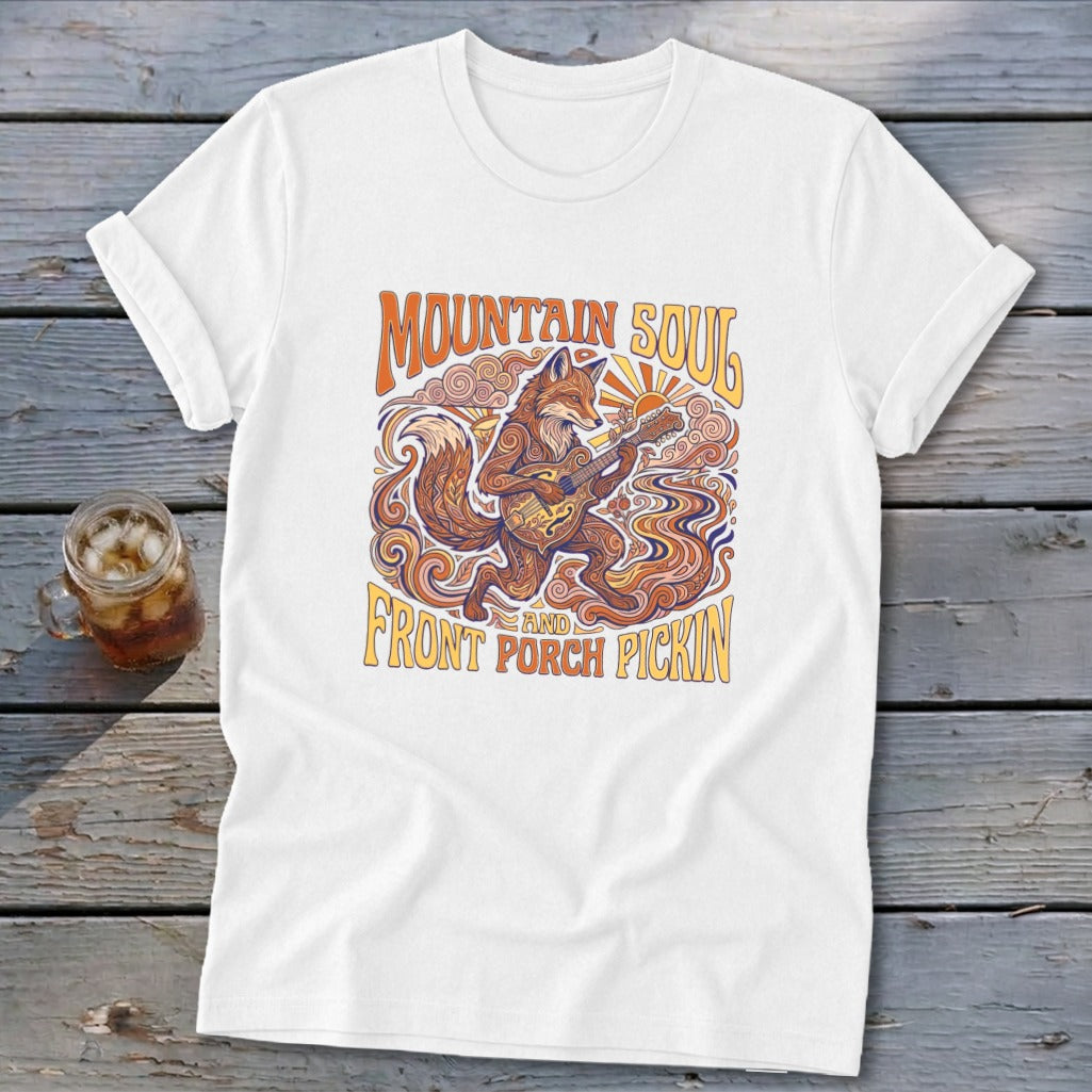 White t-shirt with a fox playing guitar and text "Mountain Soul and Front Porch Pickin'".