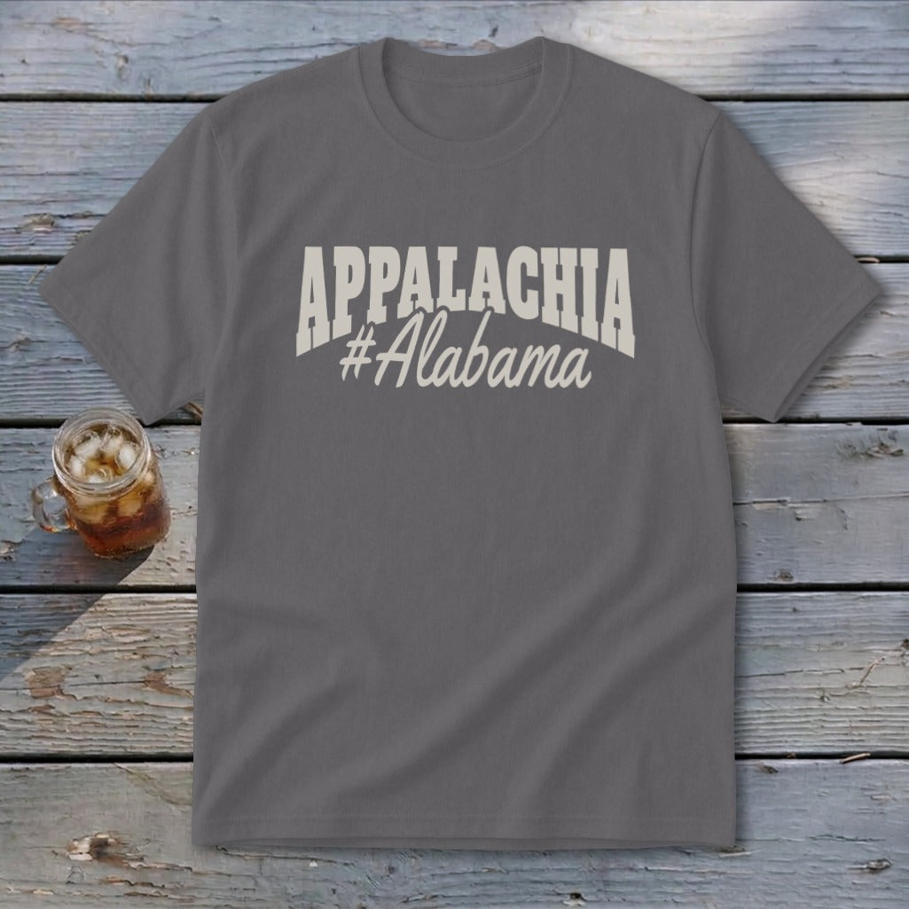 Grey t-shirt with "APPALACHIA #Alabama" printed in cream letters.