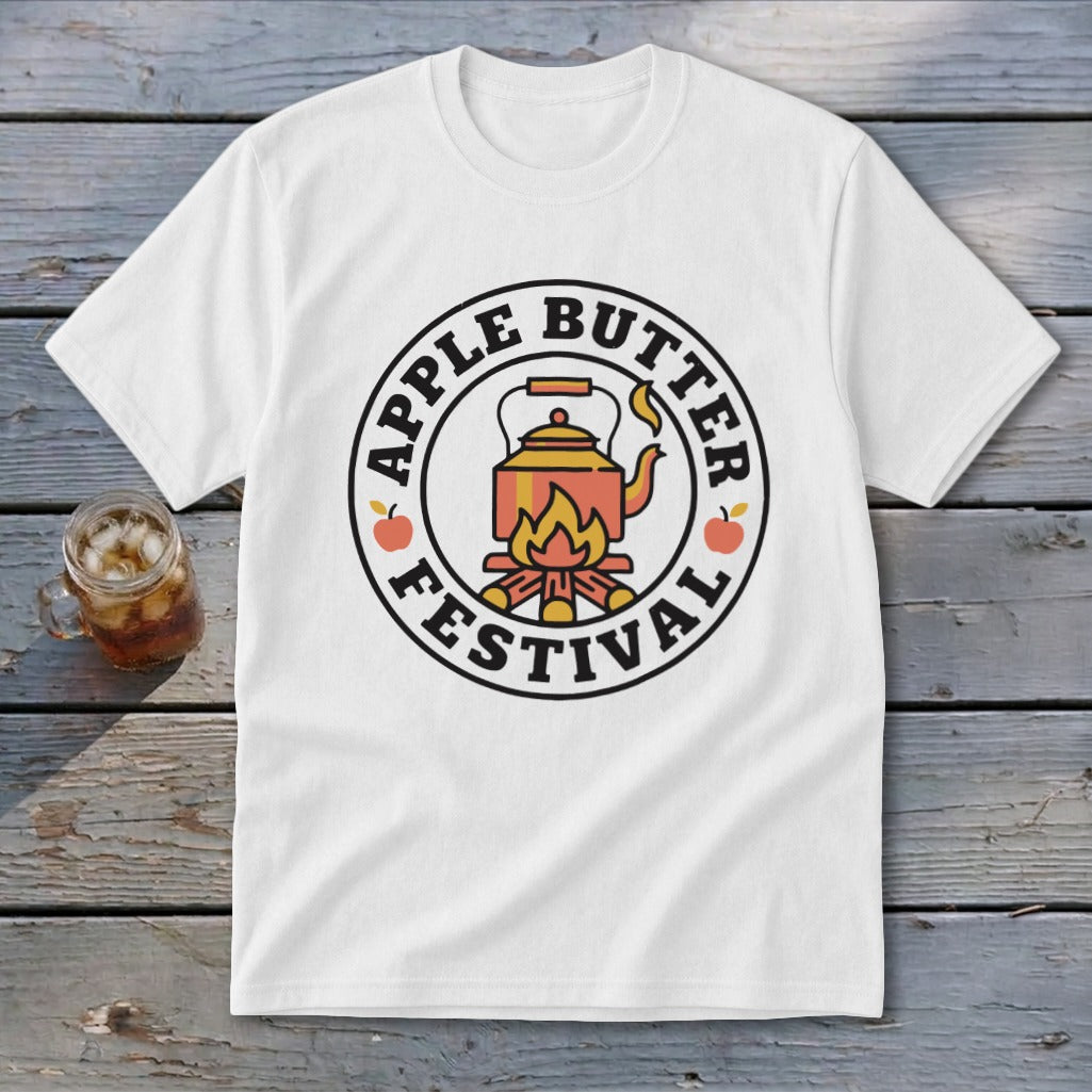 White t-shirt featuring a circular "Apple Butter Festival" logo with a teapot over a campfire.
