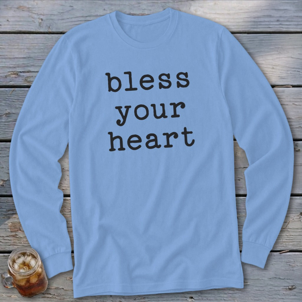 Light blue long-sleeve shirt with "bless your heart" text.