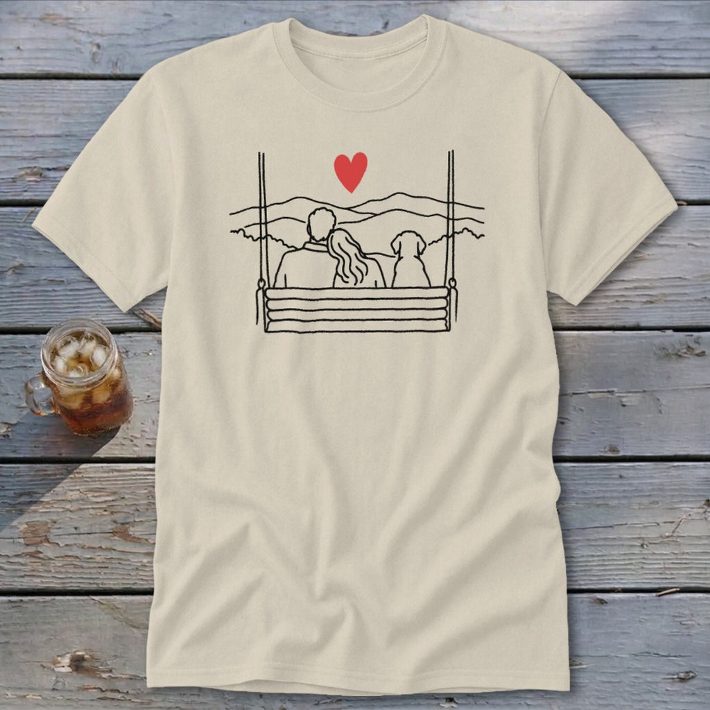 Line art of couple and dog on swing with red heart above and mountains in background.