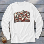 White long-sleeve t-shirt featuring a red, black, and gray graphic of mountains and a quilted landscape.