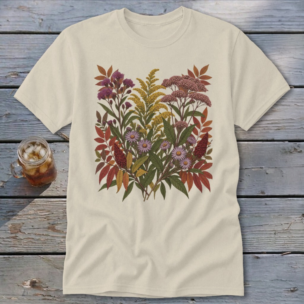 Cream t-shirt with a vintage botanical illustration of fall wildflowers and leaves.