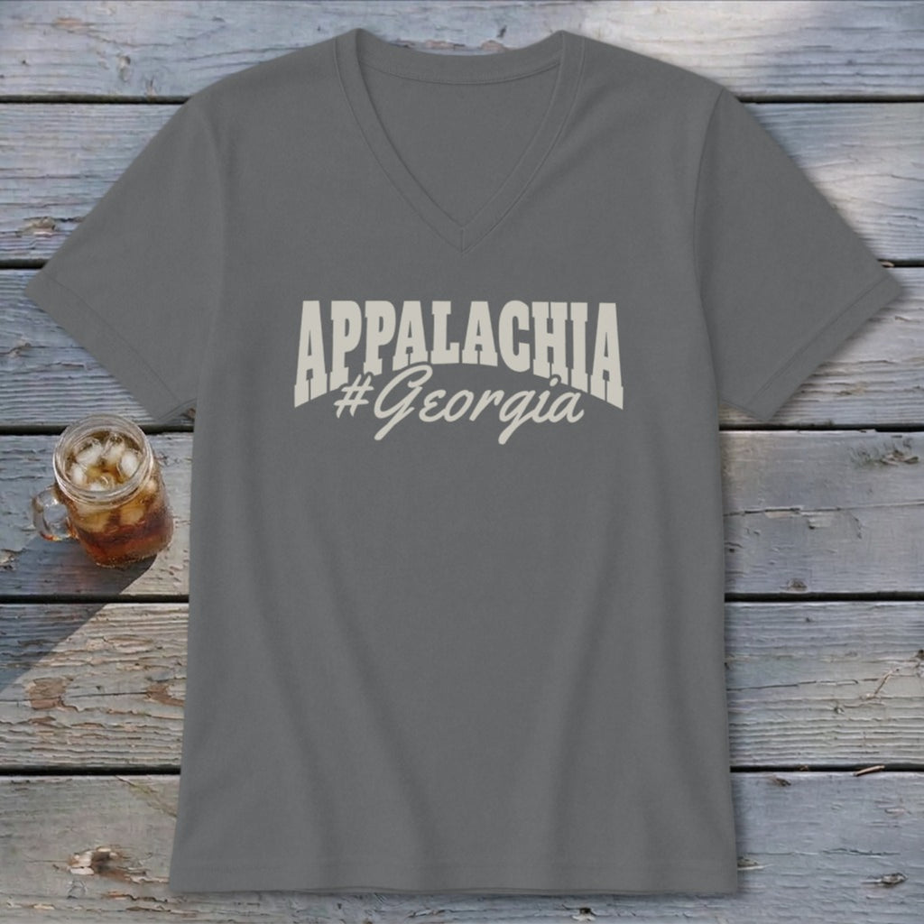Grey v-neck t-shirt with white text "APPALACHIA #Georgia"