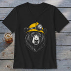 Black t-shirt featuring a black bear wearing a yellow hard hat with a headlamp.