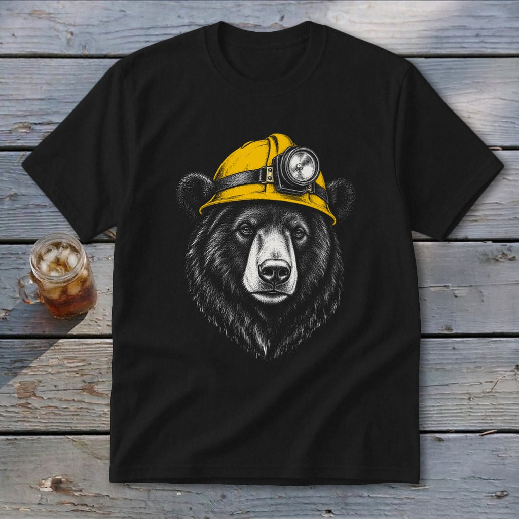 Black t-shirt with a drawing of a bear wearing a yellow hard hat with a headlamp.