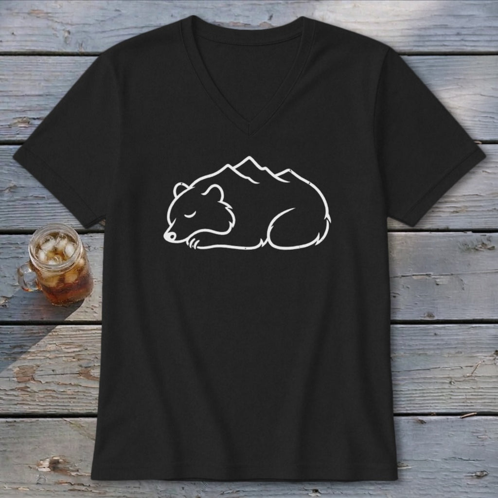 Black v-neck t-shirt with a sleeping bear and mountain outline graphic.