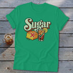 A bright green t-shirt with retro text reading Sugar, a cornbread piece with a red X, and an iced tea with a green checkmark.