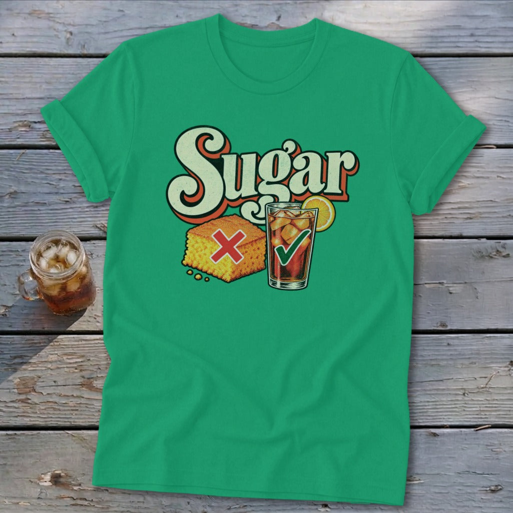 A bright green t-shirt with retro text reading Sugar, a cornbread piece with a red X, and an iced tea with a green checkmark.