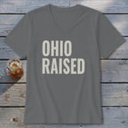 Grey v-neck t-shirt with "OHIO RAISED" text and a drink in a mason jar.