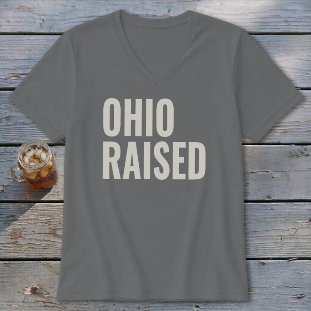 Grey v-neck t-shirt with "OHIO RAISED" text and a drink in a mason jar.