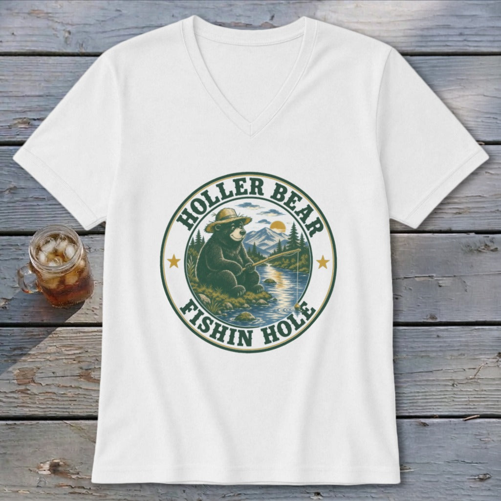 White t-shirt with "Holler Bear Fishin Hole" circular graphic of a bear fishing.