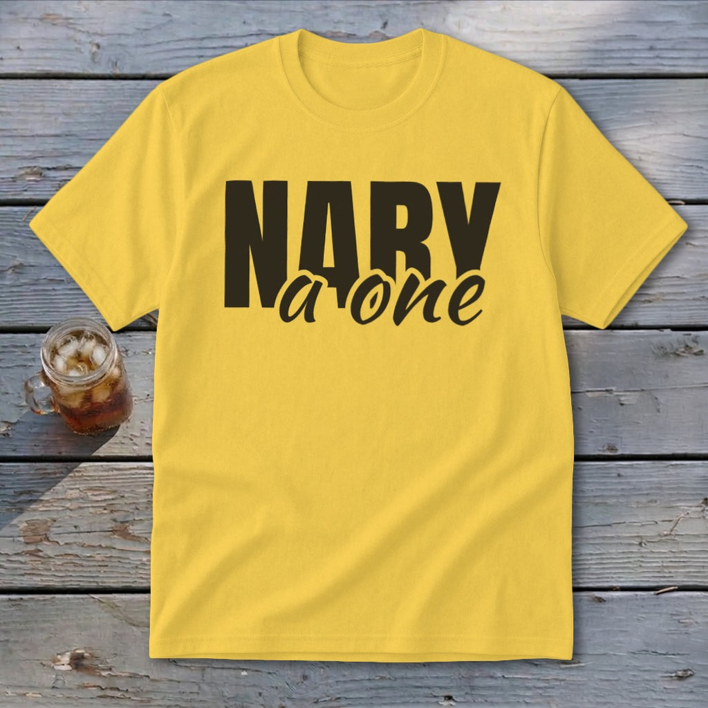 Yellow t-shirt with black text "NARY a one" and a glass of iced tea.
