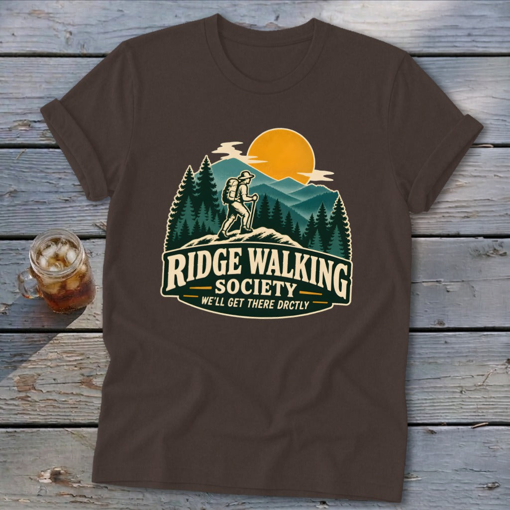 Brown t-shirt with Ridge Walking Society graphic featuring a hiker and mountains.