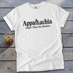 White t-shirt with "Appalachia Older Than the Rockies" text and mountain graphic.