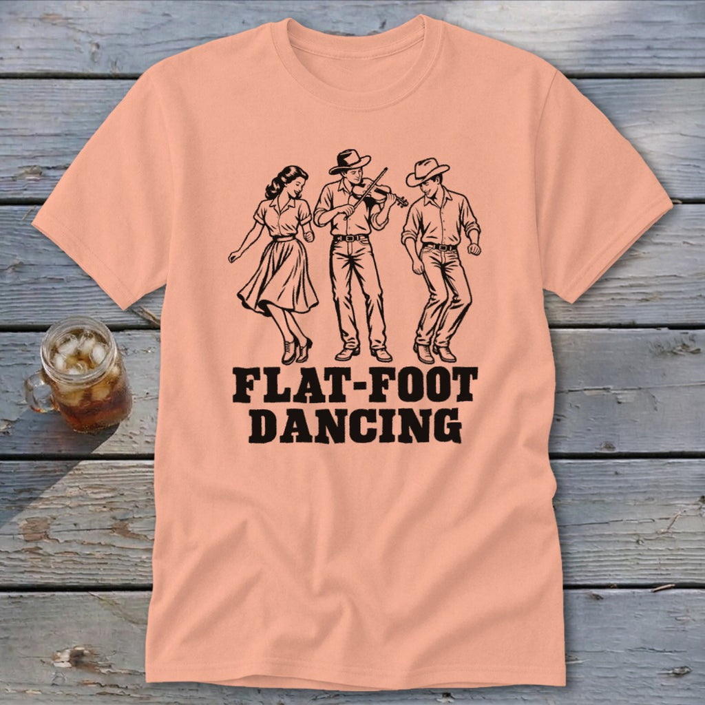 Peach t-shirt with black illustration of three people flat-foot dancing and text.