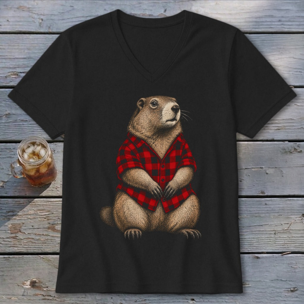 Groundhog in red plaid shirt on black t-shirt.