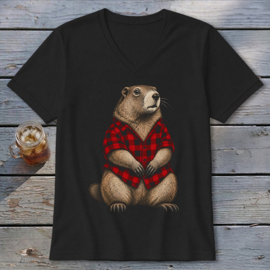 Groundhog in red plaid shirt on black t-shirt.