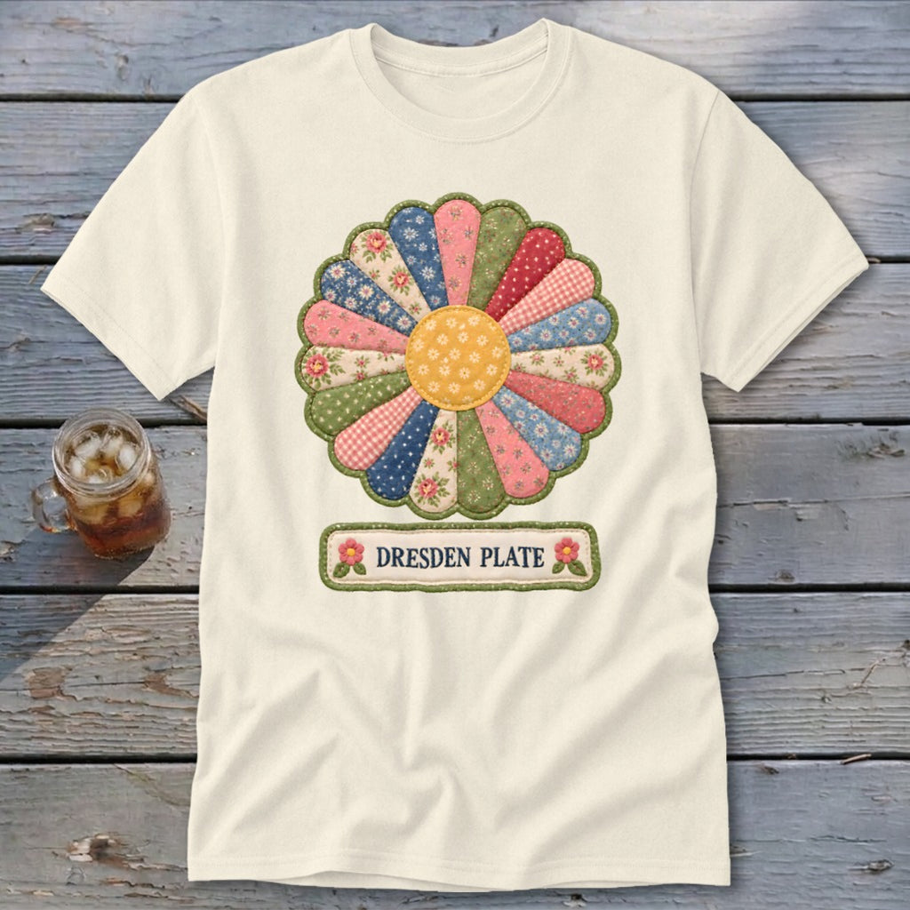 Cream t-shirt with a colorful Dresden Plate quilt design and "DRESDEN PLATE" text.