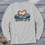 Long sleeve white t-shirt with "Appalachia Strong" text and mountain sunset design.
