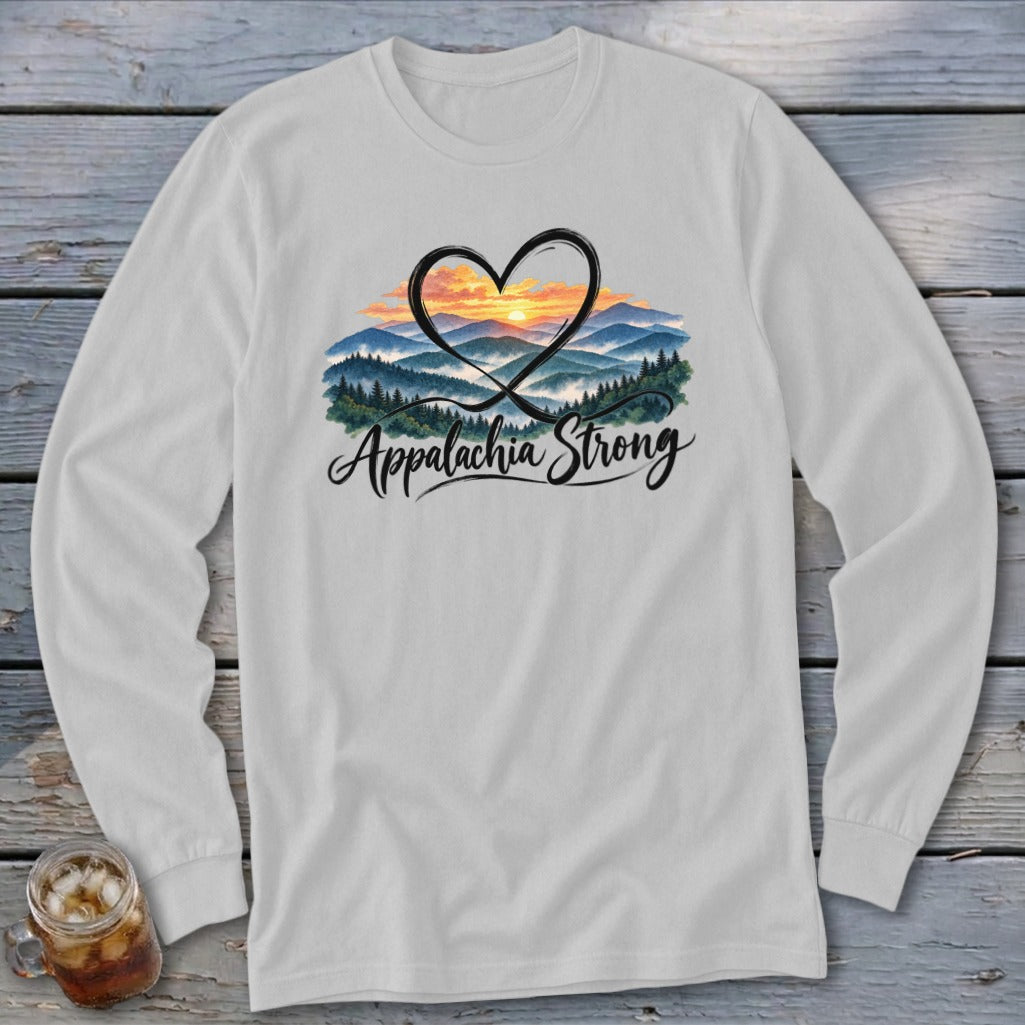 Long sleeve white t-shirt with "Appalachia Strong" text and mountain sunset design.