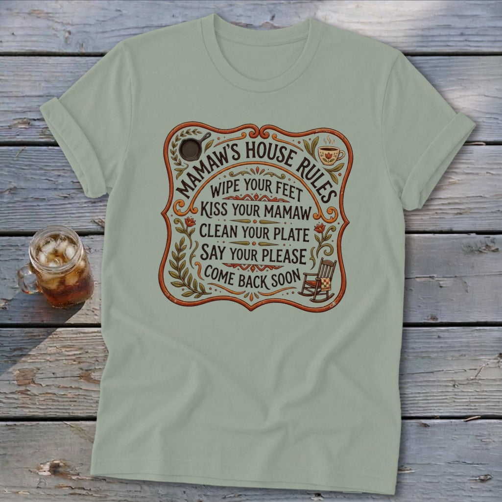 T-shirt with "Mamaw's House Rules" and list of rules in a decorative frame.