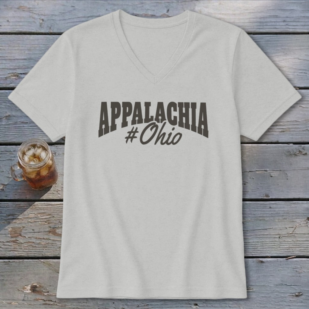 Light grey v-neck t-shirt with "APPALACHIA #Ohio" text in dark grey.