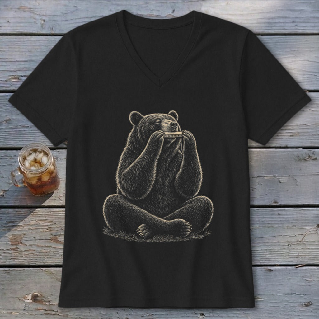 Black t-shirt with a graphic of a bear playing a harmonica.