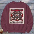 Maroon crewneck sweatshirt featuring a geometric quilt block graphic with the text Appalachia below.